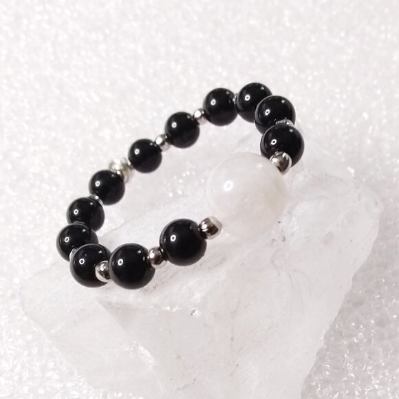 Ultra Feminine! Genuine Moonstone + Black Stone - Beaded Ring! Only 2 Left! - Picture 5 of 7